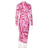 Long Sleeve Printed Bodycon Pink Pencil Midi Dress Silver Sam