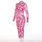 Long Sleeve Printed Bodycon Pink Pencil Midi Dress Silver Sam