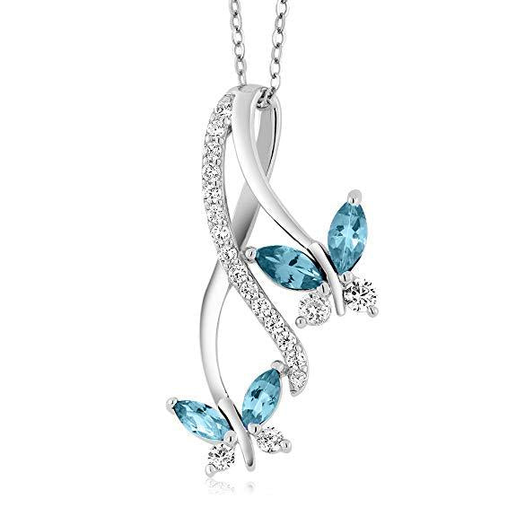 Butterfly Blue Topaz Necklace 18K White Gold Plated