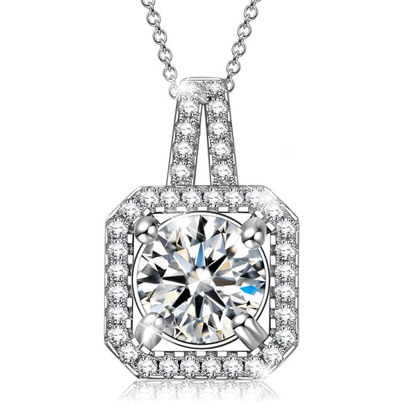 White Crystal Asscher Cut Pave Pendant Necklace 18K White Gold Plated