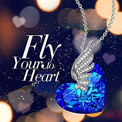 Blue Topaz Wings of my Angel Necklace 18K White Gold Plated Pear Iphigenia