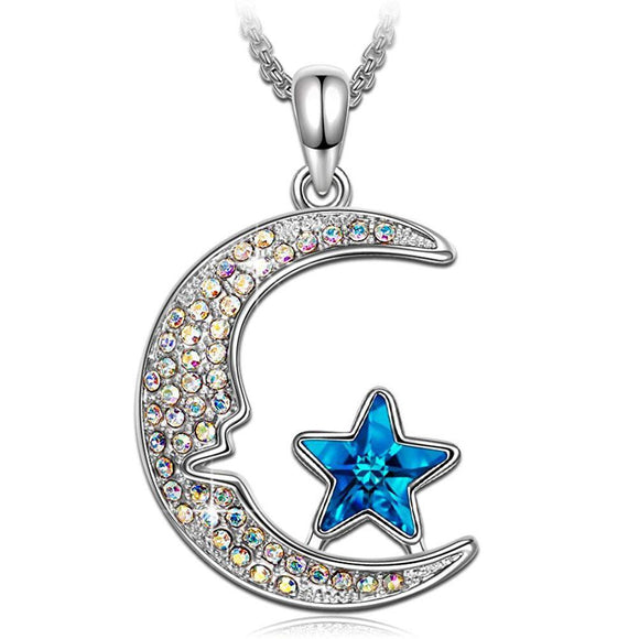 Aurora Borilles Cresent Moon and Star Necklace 18K White Gold Plated