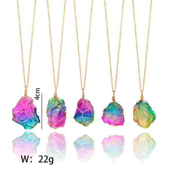 Rainbow Mineral Quartz Pendant Necklace in 14K Gold Plating Pear Iphigenia