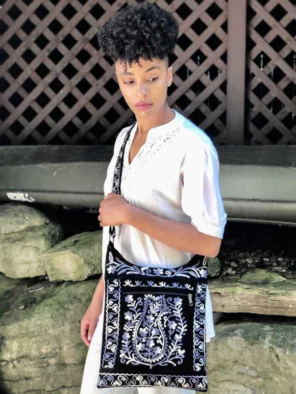 Handmade Black and Grey Suede Embroidered llama Bag