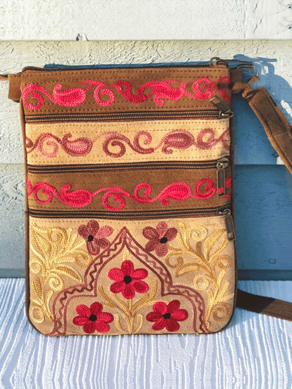 Beige And Red Suede Embroidered Cross-Body Bag