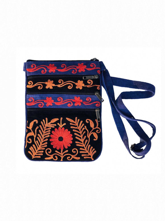 Suede Embroidered Tangerine and Blue Crossbody Bags