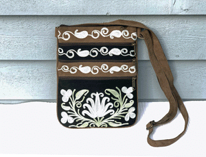 Suede Embroidered Mint and Black Five Zipper Crossbody Bag