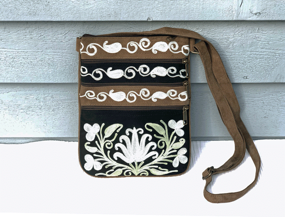 Suede Embroidered Mint and Black Five Zipper Crossbody Bag