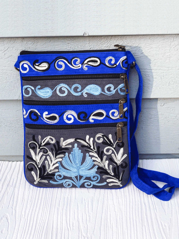 Suede Embroidered Five Zipper Cross-Body Bag