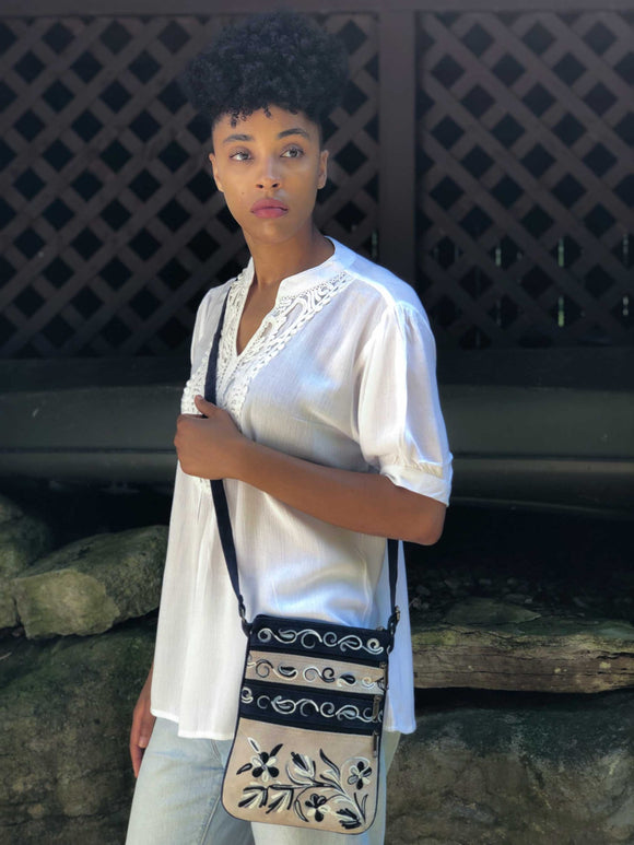 Suede Embroidered Gray and Navy Five Zipper Cross Body Bag