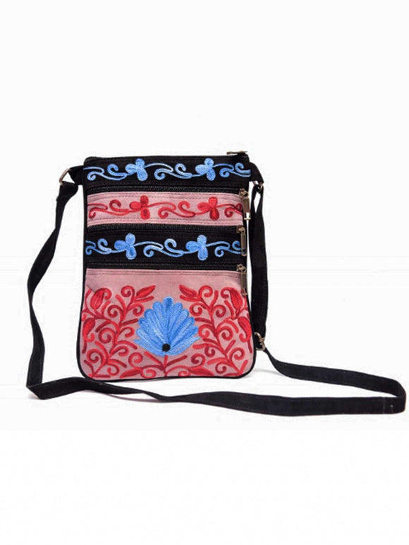 Suede Embroidered Peach Five Zipper Crossbody Bag