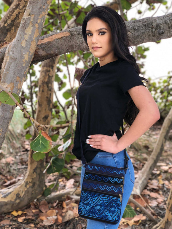 Handmade Black and Blue Suede Cross Body Bag