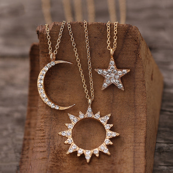 3 Piece Celestial Pave Necklace with Crystals 18K Gold Plated