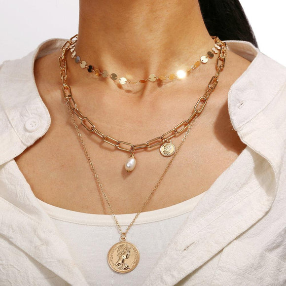 3 Piece Coin Pearl Necklace in 18K Gold Plated