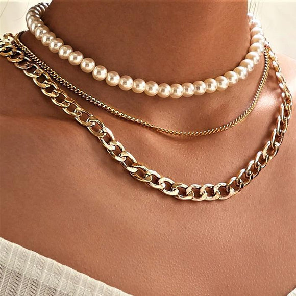 Pearl & Curb 3 Piece Layer Necklace in 18K Gold Plated