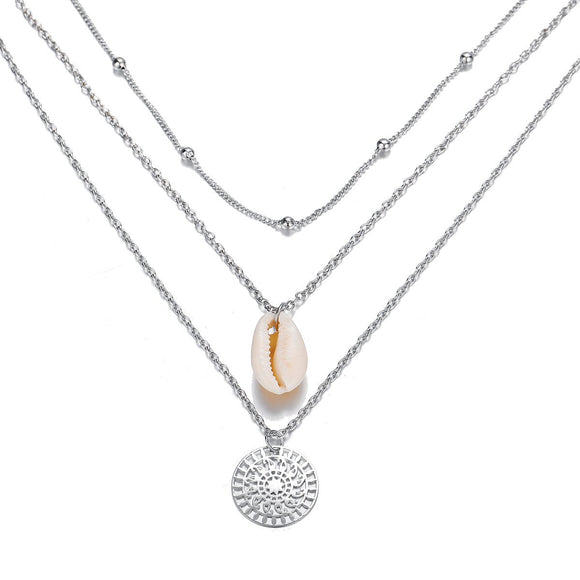 Bohemian & Shell 3 Piece Layer Necklace 18K White Gold Plated