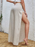 Sexy Cotton Linen Drawstring High Waist Side Slit Pants