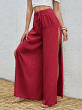 Sexy Cotton Linen Drawstring High Waist Side Slit Pants