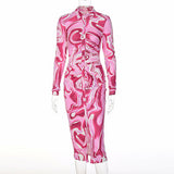 Long Sleeve Printed Bodycon Pink Pencil Midi Dress Silver Sam