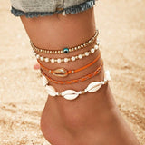 Multi Layered Gold Shell Pendant Chains Ankle Bracelet Coffee Jasper