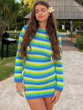 Stripe Print Long Sleeves O Neck Patchwork Mini Dress Silver Sam