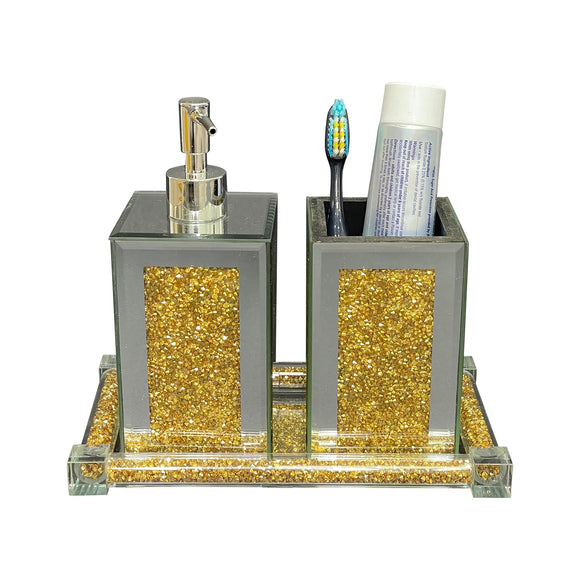 Square Soap Dispenser and Toothbrush Holder with Tray, Gold Crushed