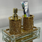 Soap Dispenser and Toothbrush Holder with Tray, Gold Crushed Diamond