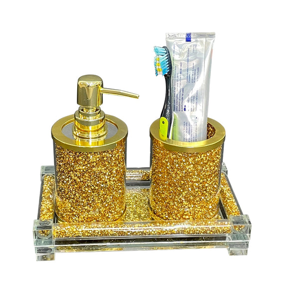 Soap Dispenser and Toothbrush Holder with Tray, Gold Crushed Diamond