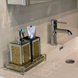 Square Soap Dispenser and Toothbrush Holder with Tray, Gold Crushed
