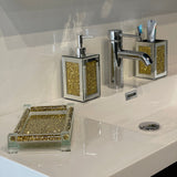 Square Soap Dispenser and Toothbrush Holder with Tray, Gold Crushed