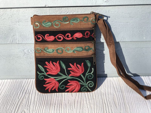 Suede Embroidered Five Zipper Cross-Body Bag