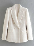 Women Jacket Double Breasted Tweed Blazer Coat Silver Sam