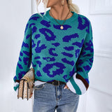 Round Neck Pullover  Sweater Contrast Color Leopard Knit Sweater
