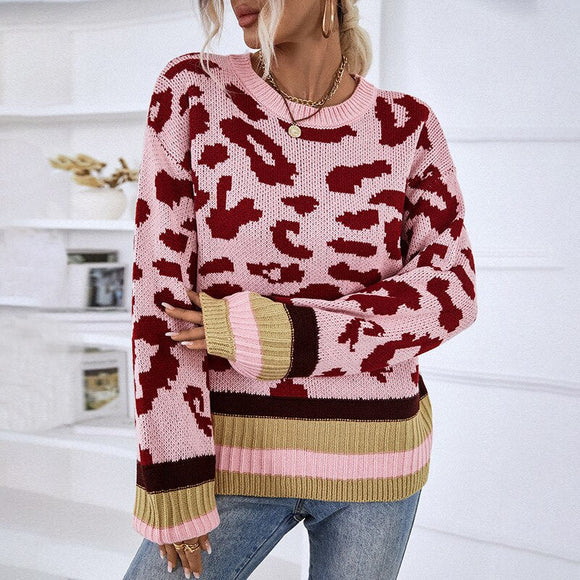Round Neck Pullover  Sweater Contrast Color Leopard Knit Sweater