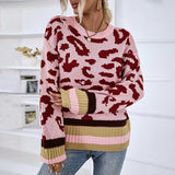 Round Neck Pullover  Sweater Contrast Color Leopard Knit Sweater