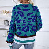 Round Neck Pullover  Sweater Contrast Color Leopard Knit Sweater