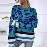 Round Neck Pullover  Sweater Contrast Color Leopard Knit Sweater