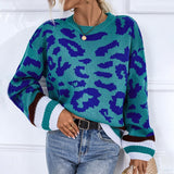 Round Neck Pullover  Sweater Contrast Color Leopard Knit Sweater
