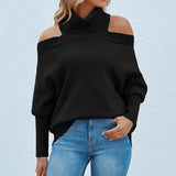 Lapel Knitted Off Shoulder Sweater Women Pullover Silver Sam