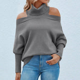 Lapel Knitted Off Shoulder Sweater Women Pullover Silver Sam