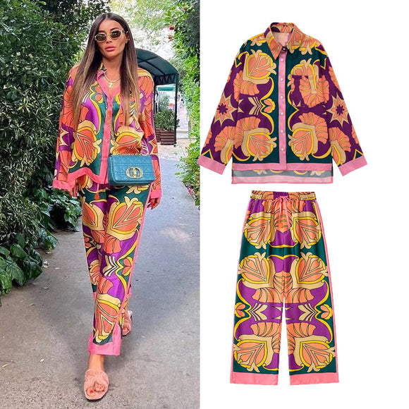 Casual Print Top & Wide Leg Pants Set