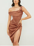 One Shoulder Satin Dress Mesh Hollow out Boned Side Split Bodycon