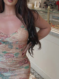 Print Bodycon Dresses Ruched V Neck Backless Floral Maxi Dress