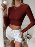 Backless Casual Short Knit Slim Fit Long Sleeve Top Silver Sam