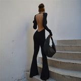 Round Neck Long Sleeve Backless Flared Jumpsuit Silver Sam