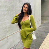 Square Collar Trumpet Sleeve Slim Sexy Dress