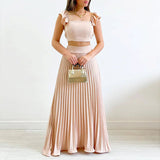 Solid Color Crop Top & Pleated Midi Skirt Set