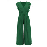 High Waist Sleeveless V-neck Pleated Wide Leg Jumpsuit