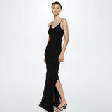 Backless Maxi Dress with High Slit and Ruffle Hem