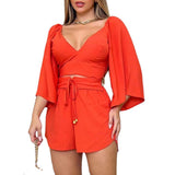 V-neck Backless Bell Sleeve Top and High-waisted Shorts Set